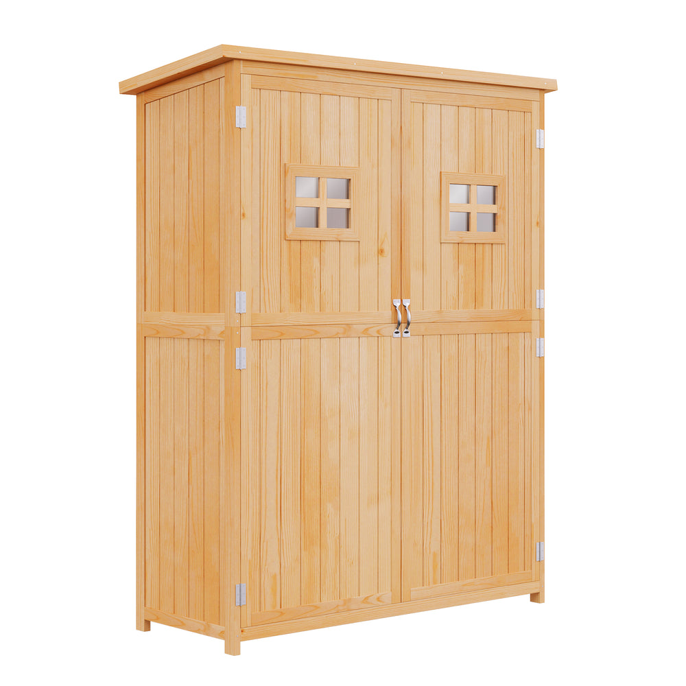 4 x 1.5ft Wooden Garden Shed with Two Windows, Outdoor Tool Storage Cabinet Organizer, Double Door, Nature Wood