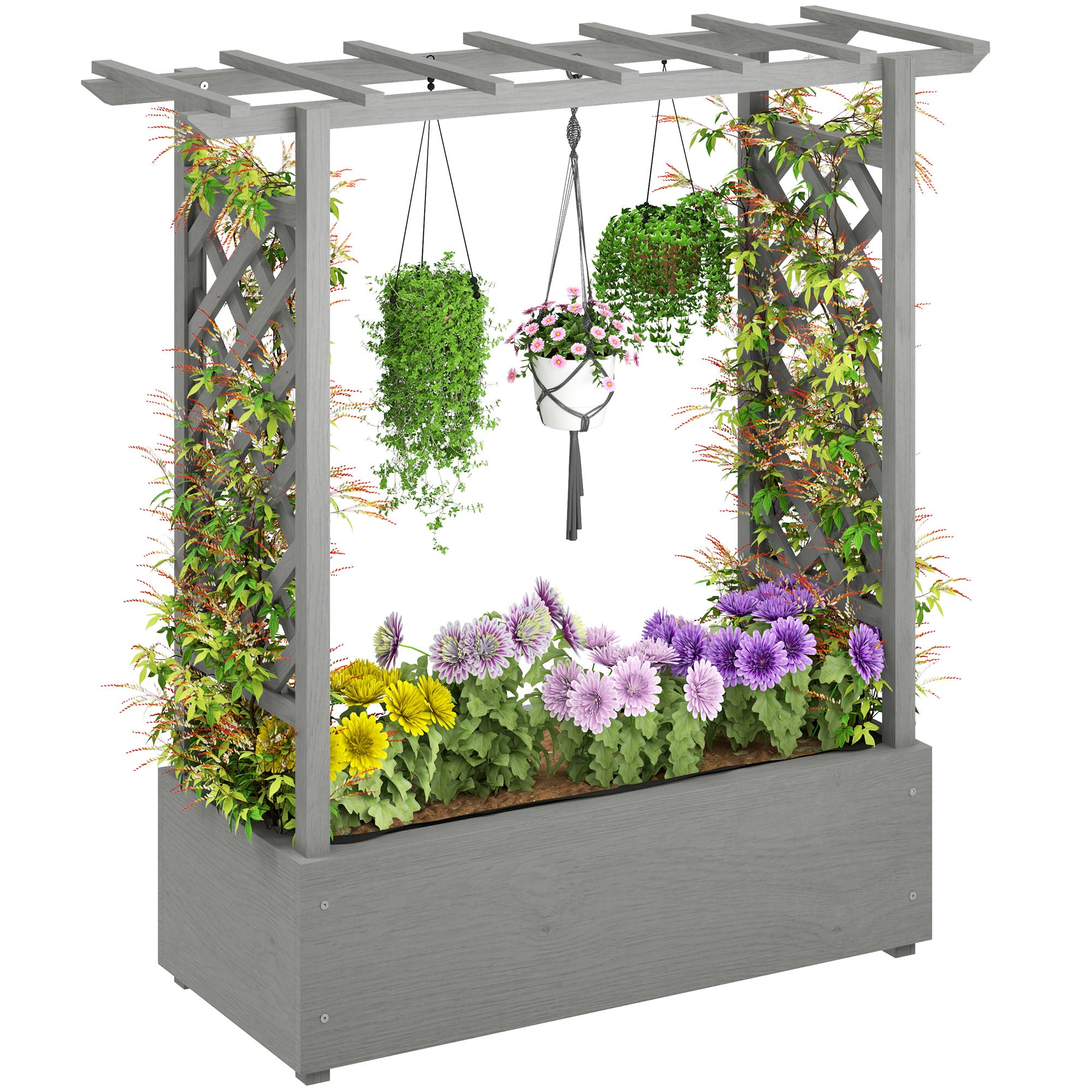 grey trellis planter Outsunny Wood Raised Garden Bed with Trellis, Hanging Roof, Drainage Holes and Liner,43.3" x 17.3" x 44.9", Grey
