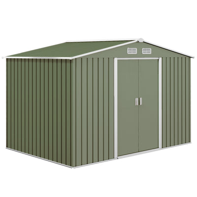 9' x 6' Garden Storage Shed with Foundation Kit, Metal Tool Storage House with Double Doors for Outdoor Patio Yard, Light Green
