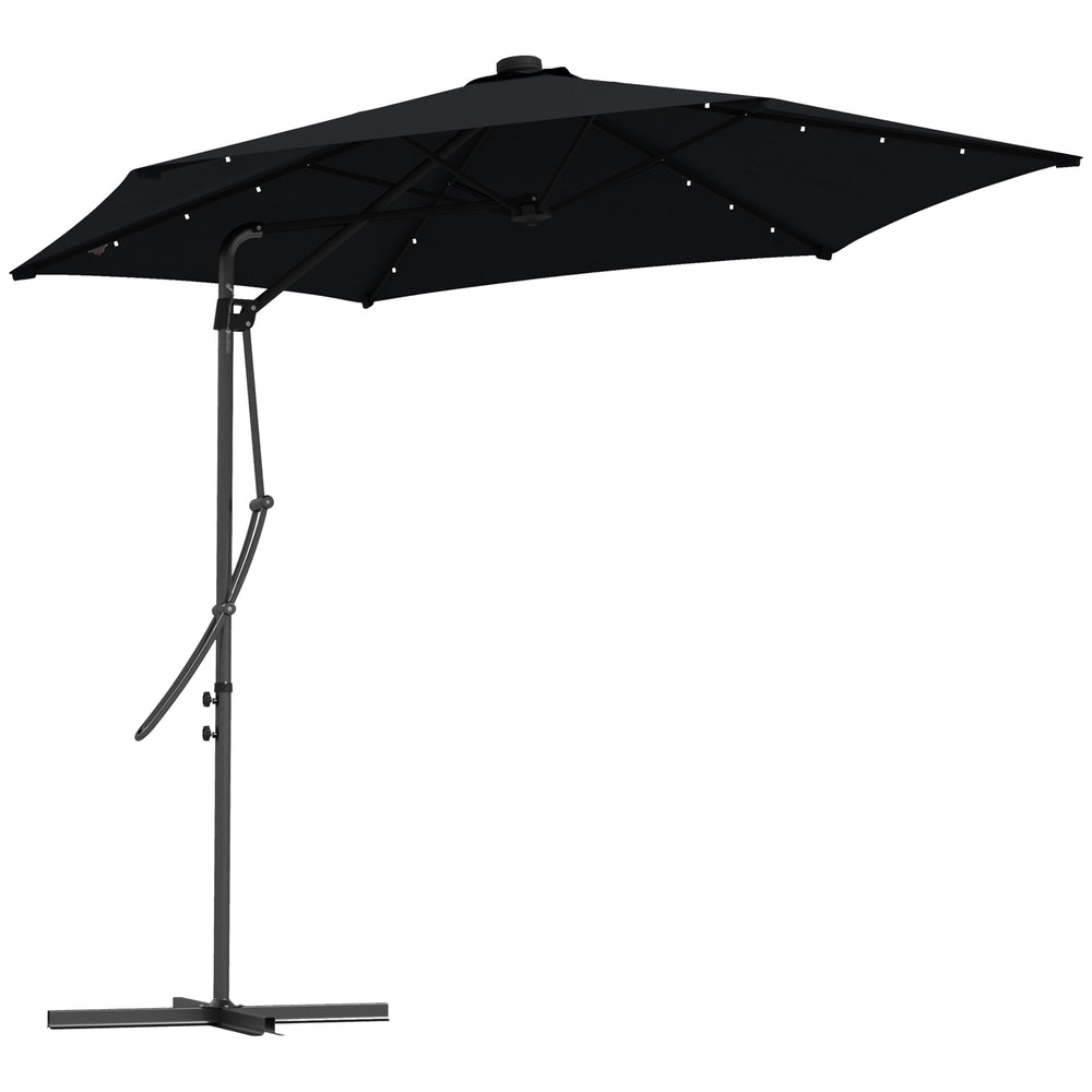 3(m) Cantilever Parasol with Solar LED and Easy Lever, Garden Parasol Umbrella with Cross Base and Waterproof Cover, Outdoor Sun Shades, Black