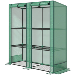 Lean-to Mini Greenhouse with 3 Tier Shelves, Portable Garden Hot House with 2 Roll-Up Doors for Indoor Outdoor, 56.7"x18.9"x59.8", Green
