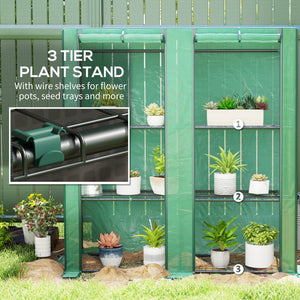Lean-to Mini Greenhouse with 3 Tier Shelves, Portable Garden Hot House with 2 Roll-Up Doors for Indoor Outdoor, 56.7"x18.9"x59.8", Green