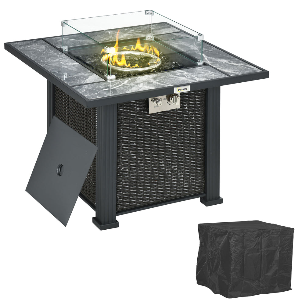 Outdoor PE Rattan Gas Fire Pit Table, Patio Square Propane Heater with Marble Desktop, Rain Cover, Glass Windscreen, and Glass Stones, 50,000 BTU, Black