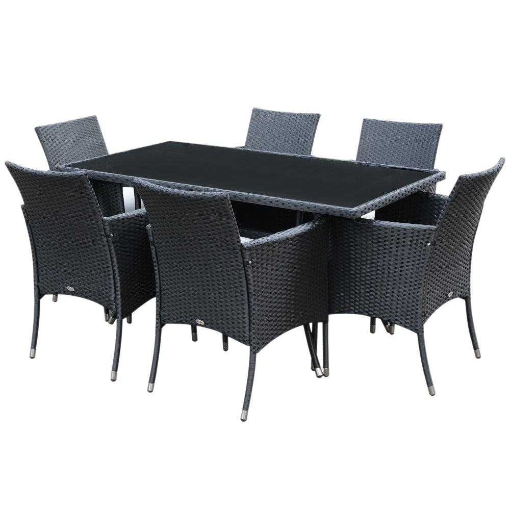7 Pieces Patio Dining Set, Wicker Outdoor Furniture Set with Removable Cushions, Glass Top Dining Table, Rattan Patio Table and Chairs for Garden Poolside Backyard, Black