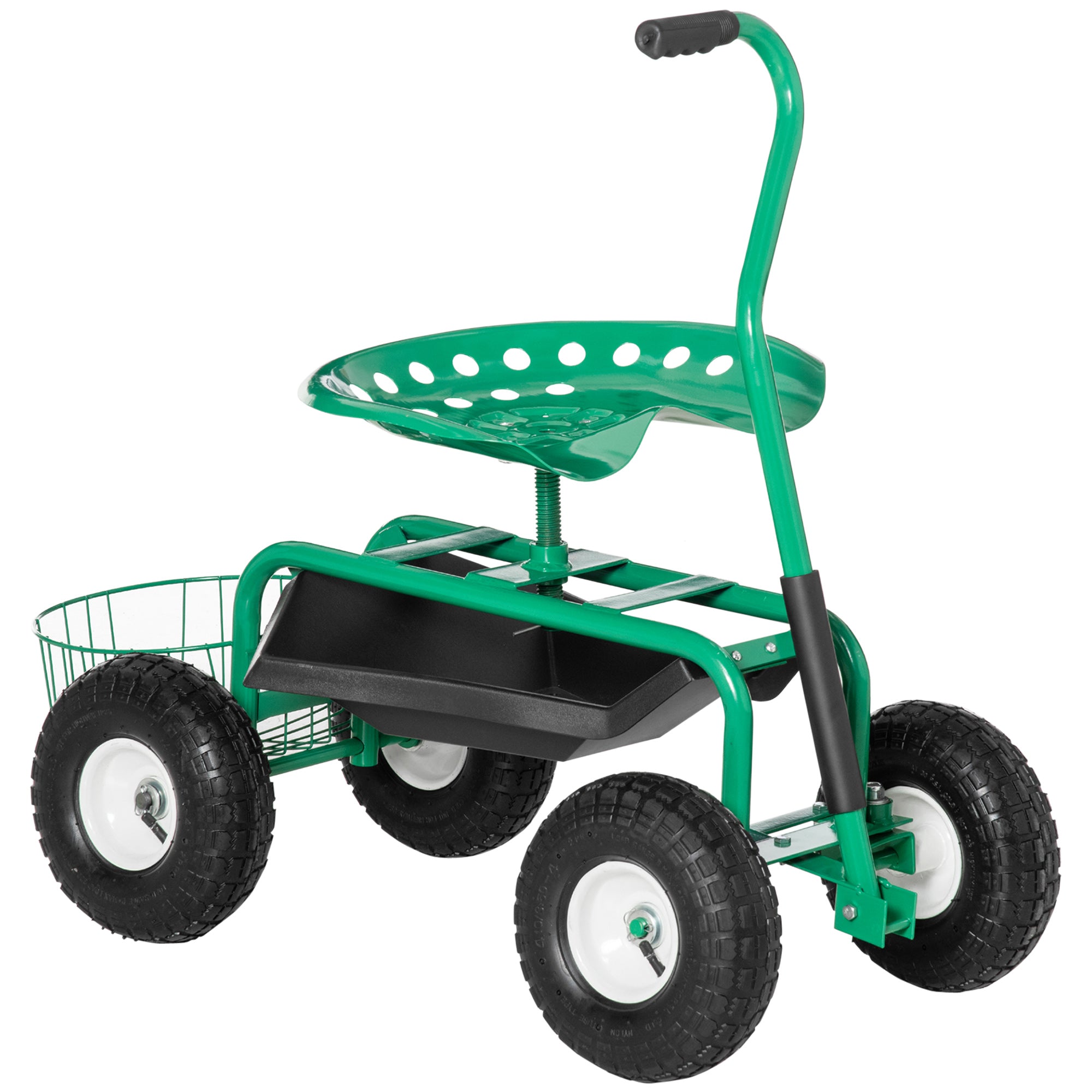 Outsunnny Garden Scooter, Rolling Cart with Swivel and Adjustable Seat,  Tool Tray, Bucket Basket, Green and Black, image size:2000x2000