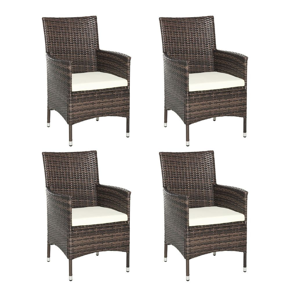 4 Pieces Outdoor PE Rattan Dining Chairs Set with Cushion, Garden Armchair with Armrests, High Backrest, Metal Frame Patio Wicker Furniture, Deep Coffee