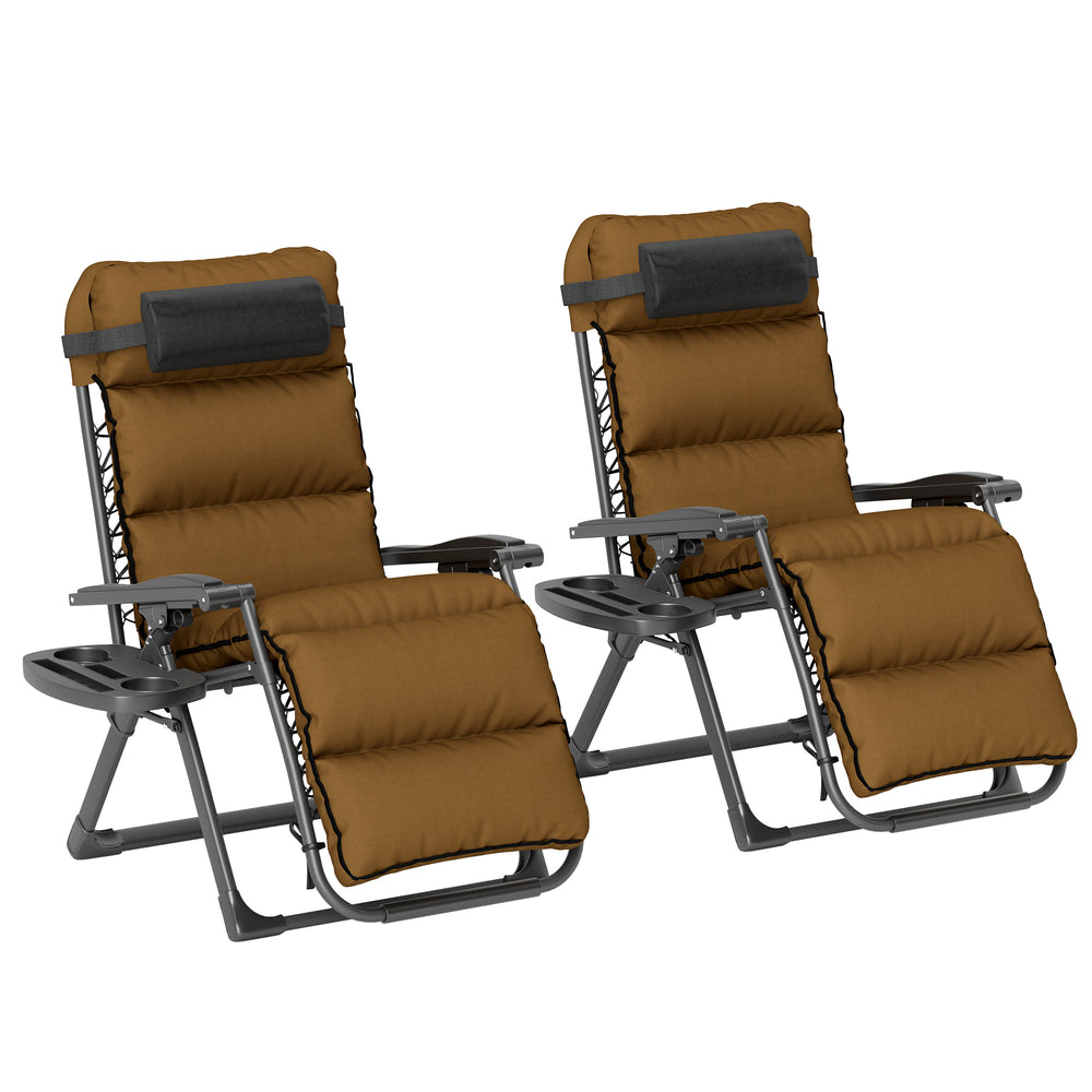 Zero Gravity Chairs Set of 2, Folding Reclining Garden Chair, Outdoor Sun Lounger with Cushion, Garden Recliner Chairs with Headrest and Cup Phone Holder Tray for Beach, Brown