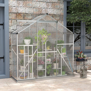 6 x 2.5ft Polycarbonate Greenhouse, Walk-In Green House with Sliding Door, 5-Level Roof Vent, Rain Gutter, Garden Plants Grow House with Aluminium Frame and Foundation, Silver