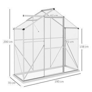 6 x 2.5ft Polycarbonate Greenhouse, Walk-In Green House with Sliding Door, 5-Level Roof Vent, Rain Gutter, Garden Plants Grow House with Aluminium Frame and Foundation, Silver