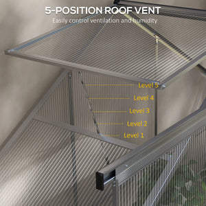 6 x 2.5ft Polycarbonate Greenhouse, Walk-In Green House with Sliding Door, 5-Level Roof Vent, Rain Gutter, Garden Plants Grow House with Aluminium Frame and Foundation, Silver