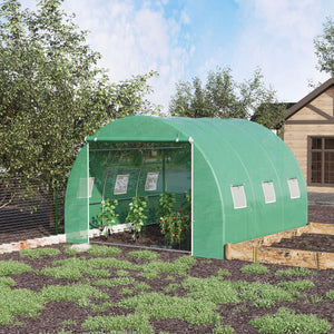 10' x 10' x 6.5' Walk-in Tunnel Hoop Greenhouse, Polyethylene PE Cover, Steel Frame, Roll-Up Zipper Door & Windows for Flowers, Vegetables, Tropical Plants, Green