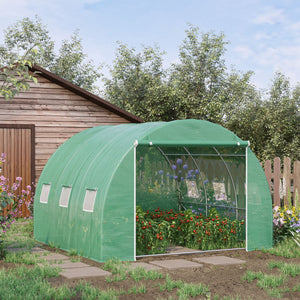 10' x 10' x 6.5' Walk-in Tunnel Hoop Greenhouse, Polyethylene PE Cover, Steel Frame, Roll-Up Zipper Door & Windows for Flowers, Vegetables, Tropical Plants, Green