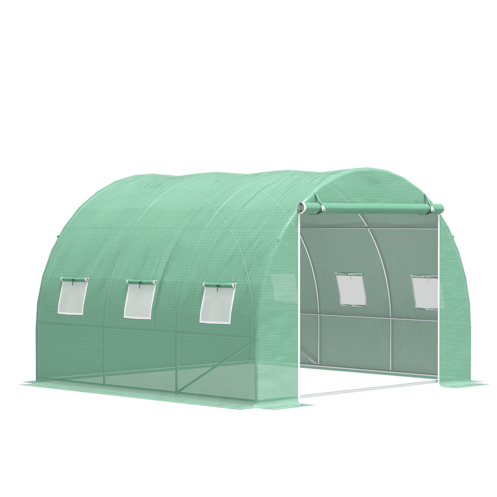 10' x 10' x 6.5' Walk-in Tunnel Hoop Greenhouse, Polyethylene PE Cover, Steel Frame, Roll-Up Zipper Door & Windows for Flowers, Vegetables, Tropical Plants, Green