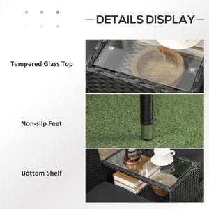 2-Seat Patio Furniture with Tea Table, Outdoor PE Rattan Wicker Loveseat with Padded Cushions and Tempered Glass Top for Garden, Porch, Poolside, Black