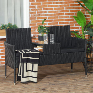 2-Seat Patio Furniture with Tea Table, Outdoor PE Rattan Wicker Loveseat with Padded Cushions and Tempered Glass Top for Garden, Porch, Poolside, Black