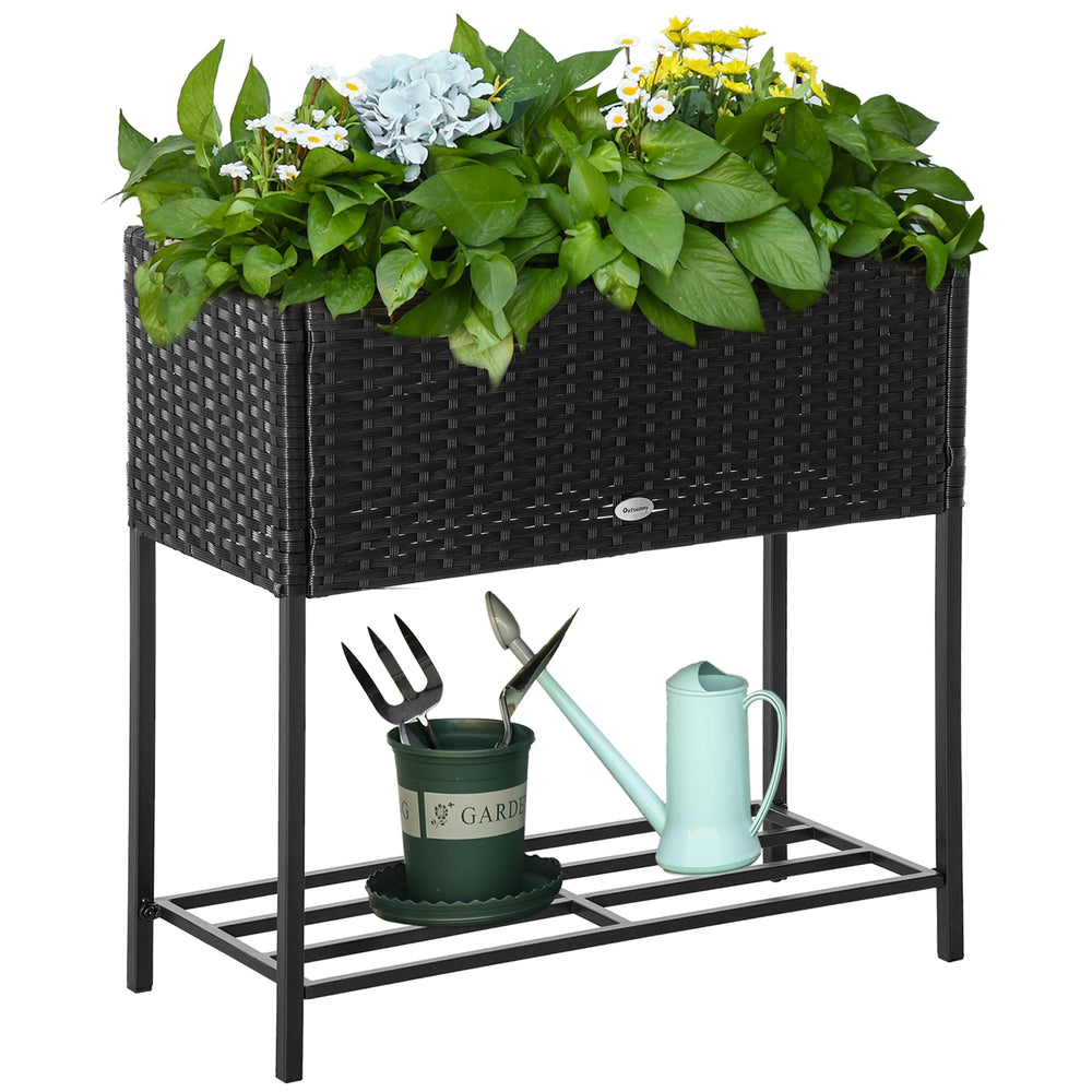 Modern Elevated Metal Raised Garden Bed with Rattan Wicker Look, Underneath Tool Storage Rack, Black