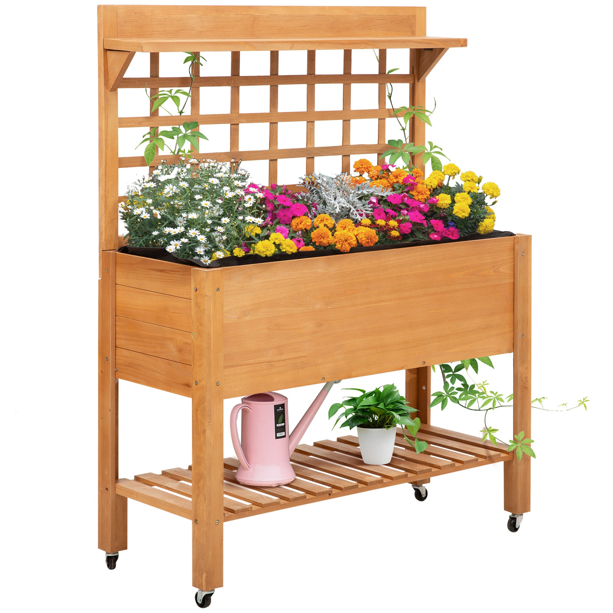 planter box with trellis on wheels Outsunny Garden Raised Bed with Shelf Wheels Wooden Planter Box for Vegetables Flowers Brown