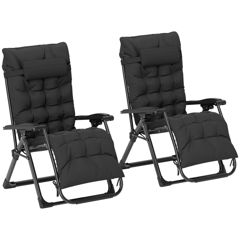 Reclining Zero Gravity Chair with Adjustable Backrest, Folding Garden Sun Lounger with Removable Cushion and Headrest, Set of 2, Black