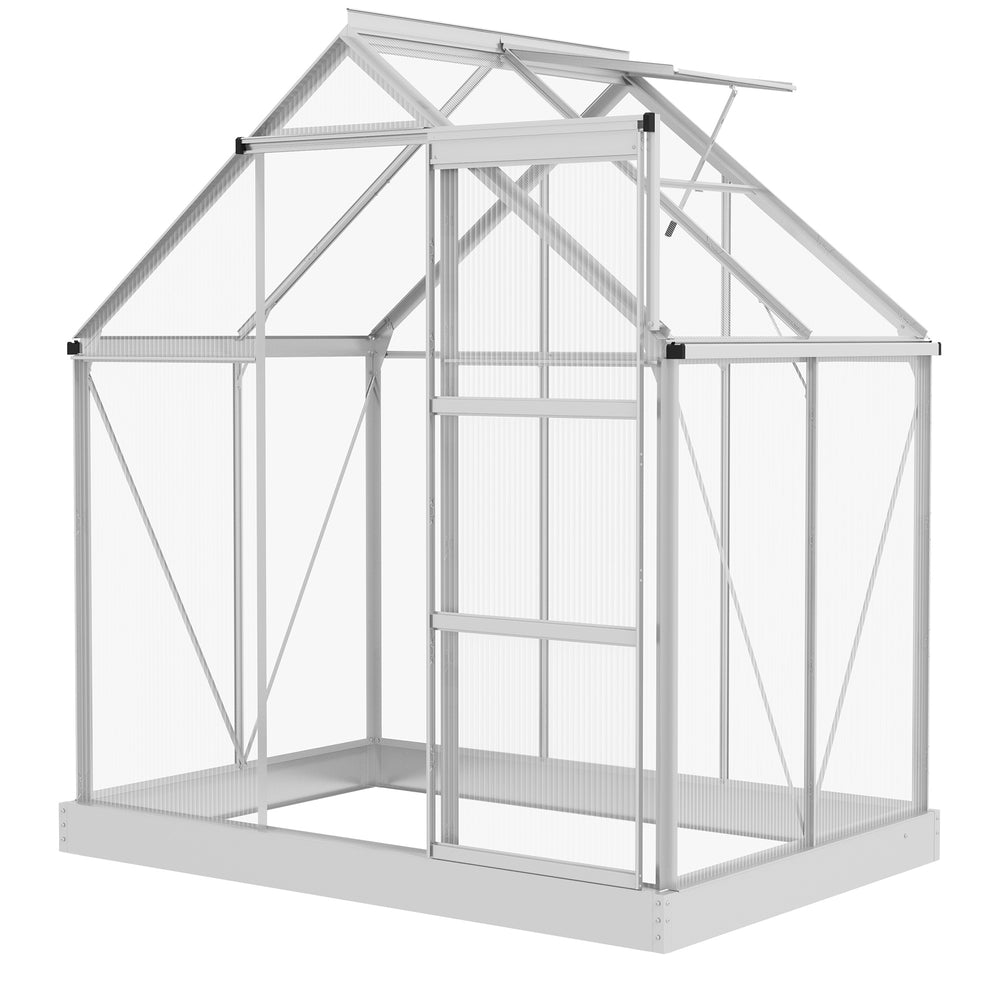 6' x 4' Polycarbonate Greenhouse, Walk-In Greenhouse with Sliding Door, Adjustable Vent, Aluminium Frame and Foundation Kit, Garden Grow House with Rain Gutter, Silver