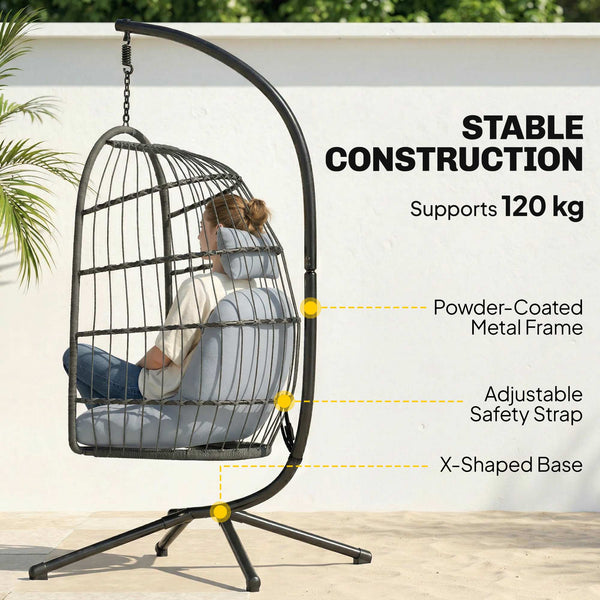 Hanging Egg Chair, Indoor Outdoor Hammock Swing Chair with Stand, Safety Strap, Foldable Basket, Thick Cushions, Headrest, Adjustable Height, Metal Frame for Garden Balcony, Dark/Light Grey