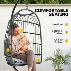 Hanging Egg Chair, Indoor Outdoor Hammock Swing Chair with Stand, Safety Strap, Foldable Basket, Thick Cushions, Headrest, Adjustable Height, Metal Frame for Garden Balcony, Dark/Light Grey