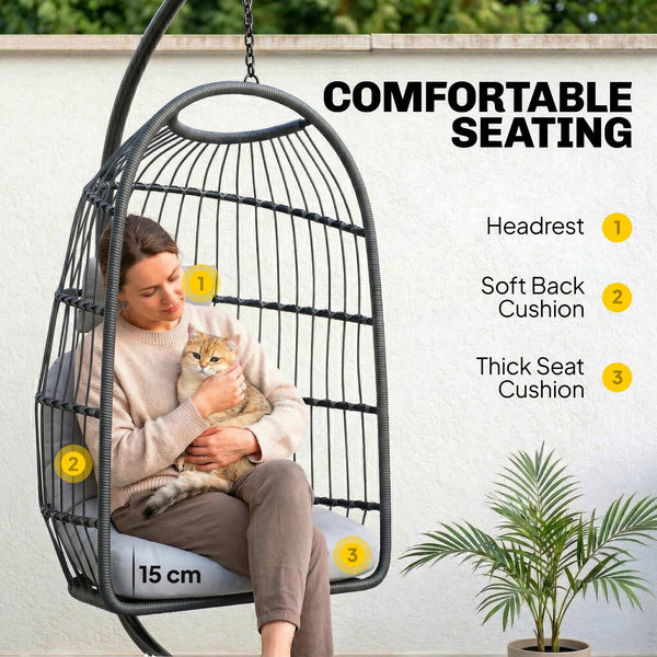 Hanging Egg Chair, Indoor Outdoor Hammock Swing Chair with Stand, Safety Strap, Foldable Basket, Thick Cushions, Headrest, Adjustable Height, Metal Frame for Garden Balcony, Dark/Light Grey