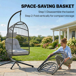 Hanging Egg Chair, Indoor Outdoor Hammock Swing Chair with Stand, Safety Strap, Foldable Basket, Thick Cushions, Headrest, Adjustable Height, Metal Frame for Garden Balcony, Dark/Light Grey