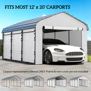 Carport Replacement Sidewall Panels Set of 4 for 12' x 20' Carports, UPF50+ Waterproof PE Tarp Replacement Side Wall Cover with Zipper Door, Top Cover and Frame Not Included, White