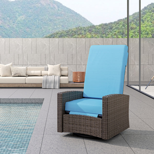 Outsunny Outdoor Wicker Swivel Recliner Chair, Reclining Backrest, Lifting Footrest, 360° Rotating Basic, Water-Resistant Cushions for Patio, Sky Blue