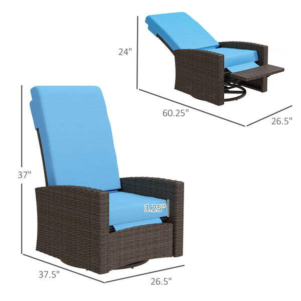 Outsunny Outdoor Wicker Swivel Recliner Chair, Reclining Backrest, Lifting Footrest, 360° Rotating Basic, Water-Resistant Cushions for Patio, Sky Blue