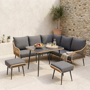 ARVOYA 6 Pieces Garden Corner Rattan Sofa Set w/ Thickened Cushions and Glass Top Table, Light Brown