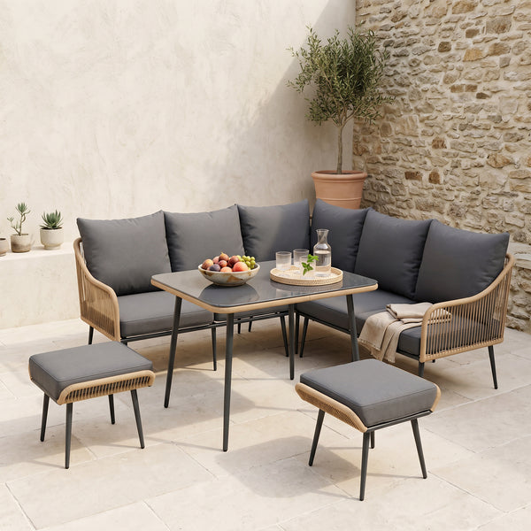 ARVOYA 6 Pieces Garden Corner Rattan Sofa Set w/ Thickened Cushions and Glass Top Table, Light Brown