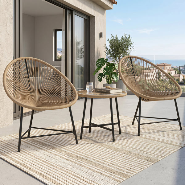 ARVOYA 3 Pieces Rattan Bistro Set with Acapulco Chairs, Glass Top Table & Metal Frame, Natural