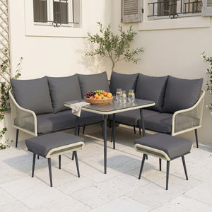 ARVOYA 6 Pieces Garden Corner Rattan Sofa Set w/ Thickened Cushions and Glass Top Table, Light Grey