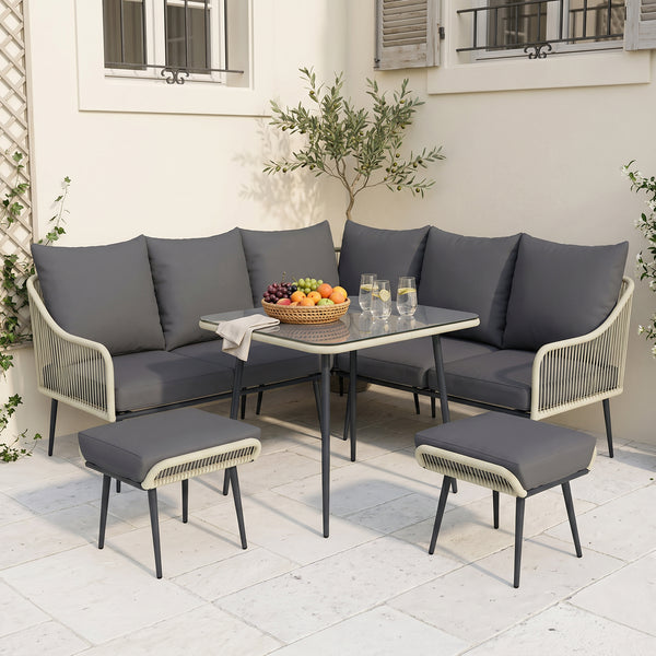 ARVOYA 6 Pieces Garden Corner Rattan Sofa Set w/ Thickened Cushions and Glass Top Table, Light Grey