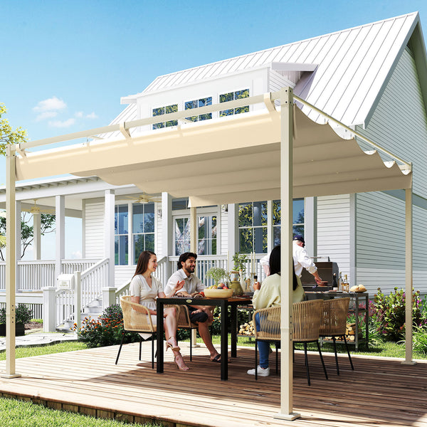 3 x 3(m) Garden Pergola with Retractable Roof and Magnetic Fixture, Outdoor Gazebo Pergola Kit Sun Shade Canopy, UPF30+, Khaki