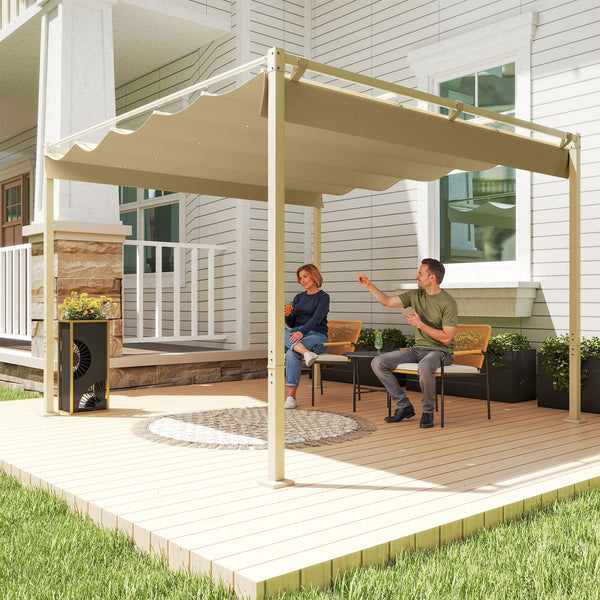 3 x 3(m) Garden Pergola with Retractable Roof and Magnetic Fixture, Outdoor Gazebo Pergola Kit Sun Shade Canopy, UPF30+, Khaki