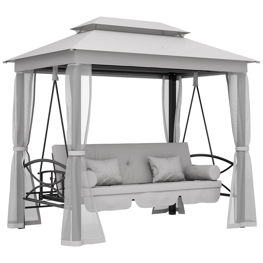 3 Person Outdoor Patio Daybed, 3 in 1 Canopy Gazebo Swing Chair Garden Hammock with Sun Shade, Mesh Mosquito and Net, Grey