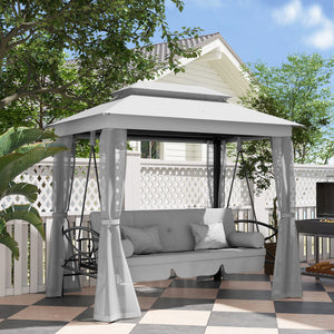 3 Person Outdoor Patio Daybed, 3 in 1 Canopy Gazebo Swing Chair Garden Hammock with Sun Shade, Mesh Mosquito and Net, Grey