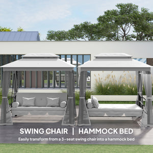 3 Person Outdoor Patio Daybed, 3 in 1 Canopy Gazebo Swing Chair Garden Hammock with Sun Shade, Mesh Mosquito and Net, Grey