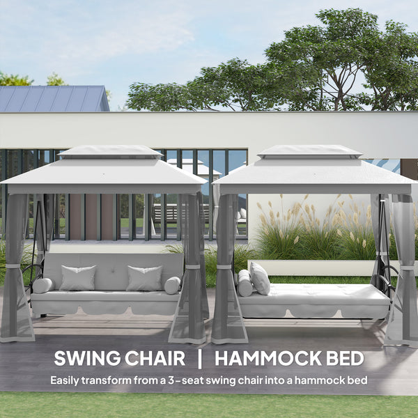 3 Person Outdoor Patio Daybed, 3 in 1 Canopy Gazebo Swing Chair Garden Hammock with Sun Shade, Mesh Mosquito and Net, Grey