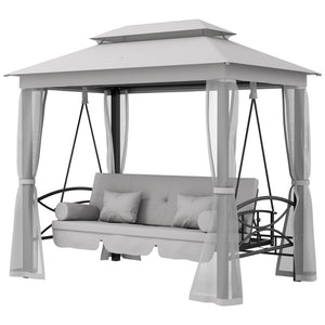 3 Person Outdoor Patio Daybed, 3 in 1 Canopy Gazebo Swing Chair Garden Hammock with Sun Shade, Mesh Mosquito and Net, Grey