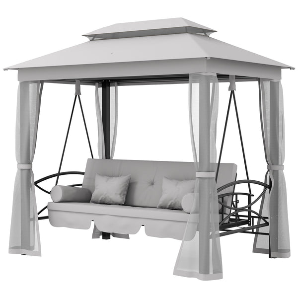 3 Person Outdoor Patio Daybed, 3 in 1 Canopy Gazebo Swing Chair Garden Hammock with Sun Shade, Mesh Mosquito and Net, Grey
