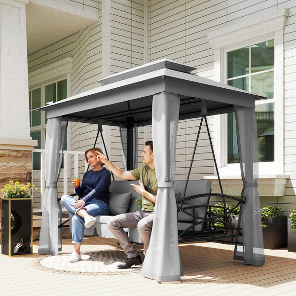 3 Person Outdoor Patio Daybed, 3 in 1 Canopy Gazebo Swing Chair Garden Hammock with Sun Shade, Mesh Mosquito and Net, Grey