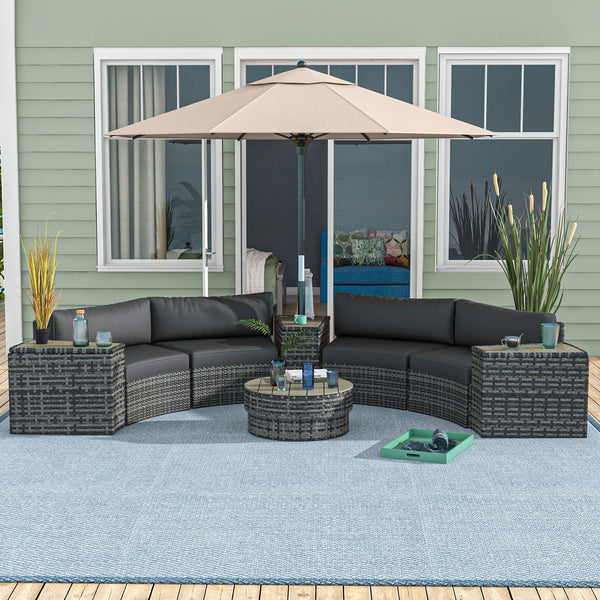 Outsunny 8 Piece Patio Furniture Set with 4 Rattan Sofa Chairs & 4 Tables, Outdoor Conversation Set with Storage & Umbrella Hole for Backyard, Lawn and Pool, Mixed Gray