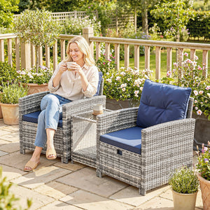 5 Piece Patio Furniture Set, Wicker Patio Chairs with Ottomans, 2-Tier Glass Coffee Table, Cushions, Outdoor Patio Furniture Conversation Set for Balcony, Grey/Dark Blue