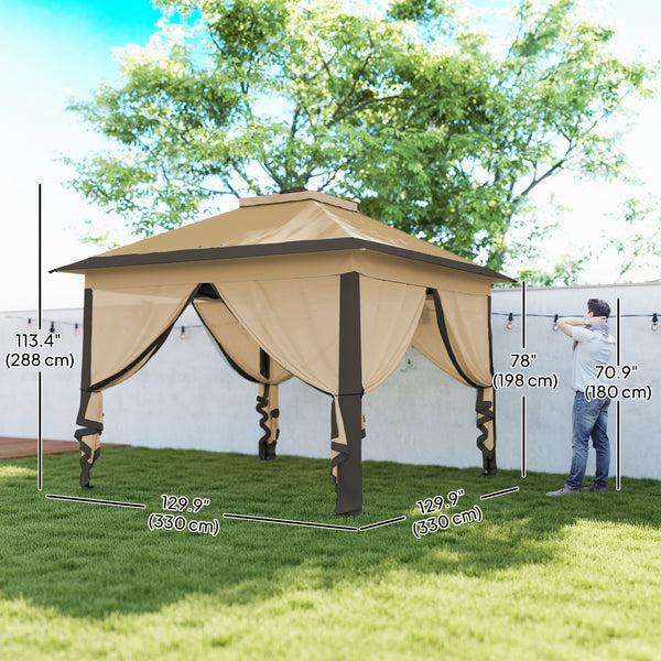 11' x 11' Pop Up Canopy, Double Roof Foldable Canopy Tent with Zipper Mesh Sidewalls, Height Adjustable and Carrying Bag, Event Tent for Patio Garden Backyard, Beige