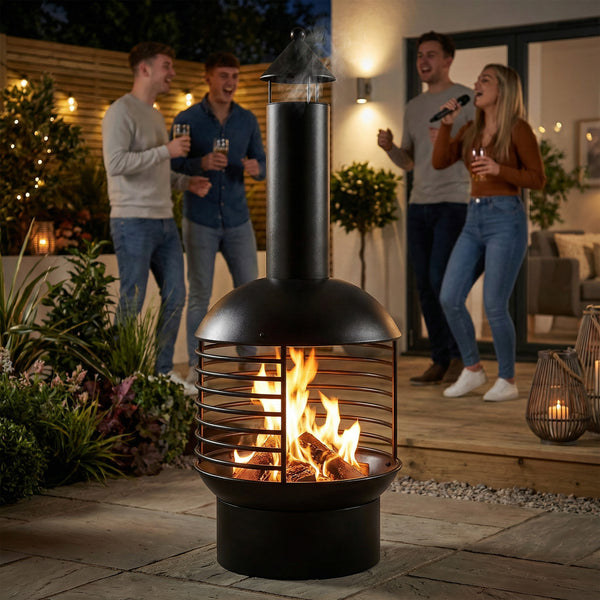 Chimney Fire Pit, Portable Wood Burning Firepit with Poker, Charcoal Grid, Outdoor Fireplace for Garden Patio, Black