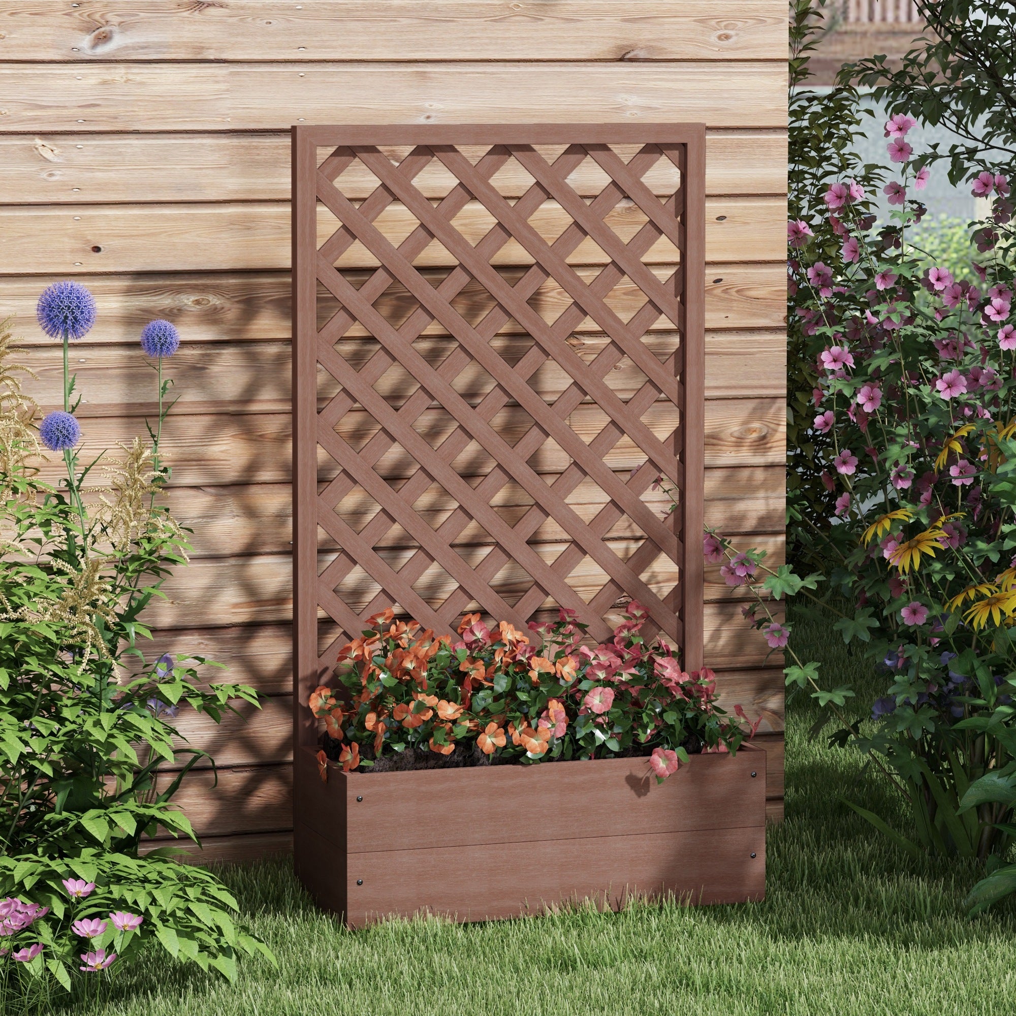 wooden flower box with trellis Outsunny Versatile Raised Garden Bed w/ Trellis & Self-Draining Design