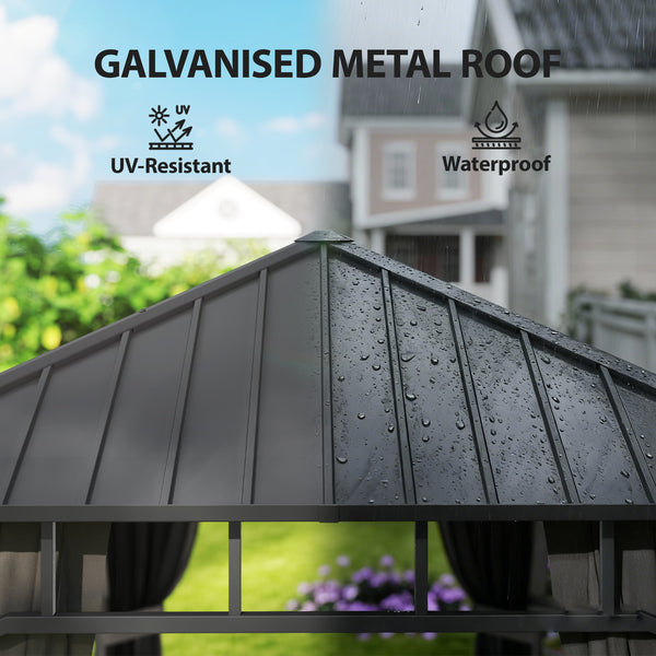 2 x 3.5 m Hardtop Gazebo with Galvanised Steel Roof, Waterproof Permanent Pavilion Garden Gazebo with Netting and Curtains for Patio, Deck, Dark Grey